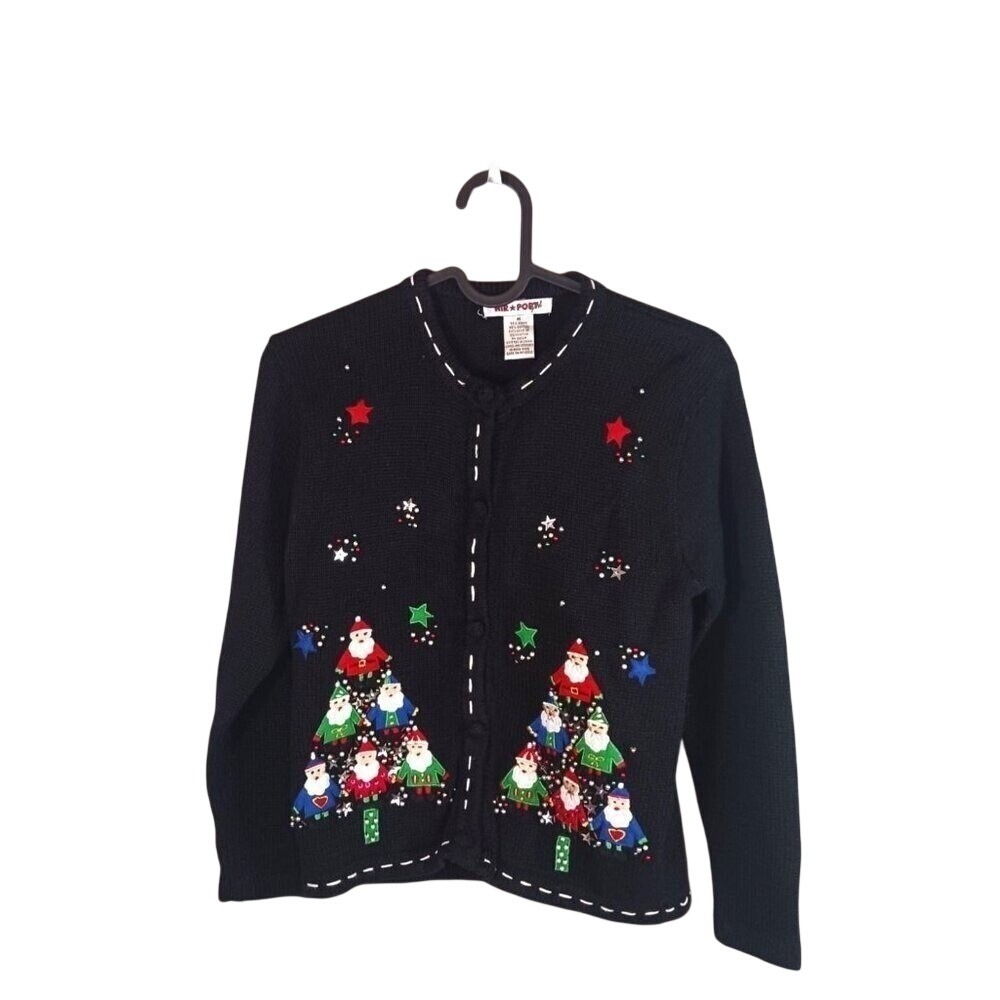 Girls Medium Ugly Christmas Sweater Cardigan Beaded Sequin Santa Holiday - Picture 1 of 5
